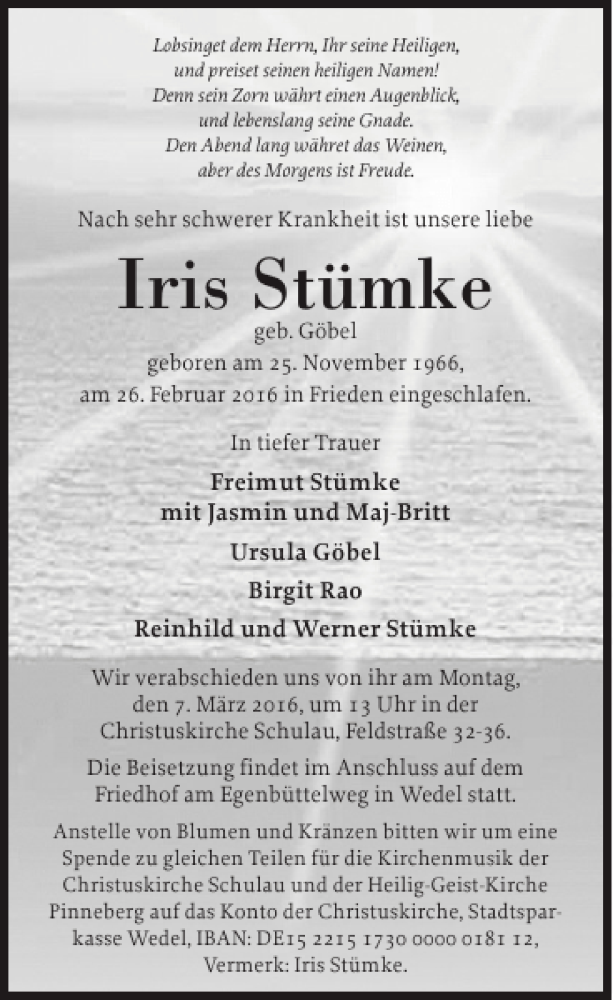  Traueranzeige für Iris Stümke vom 02.03.2016 aus Pinneberger Tageblatt