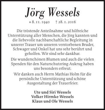 Traueranzeige von Jörg Wessels von Landeszeitung