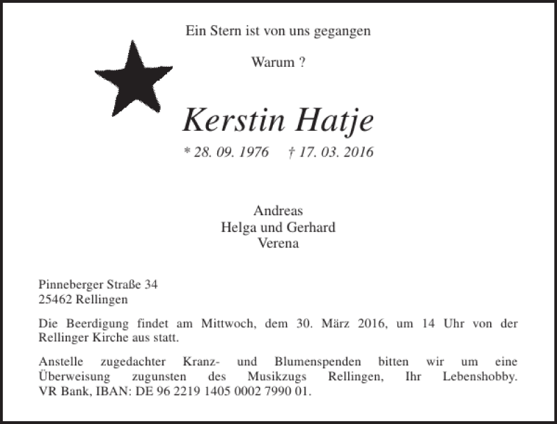  Traueranzeige für Kerstin Hatje vom 24.03.2016 aus Pinneberger Tageblatt