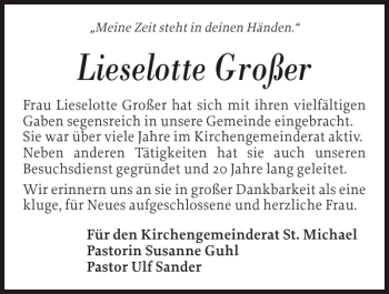 Traueranzeige von Lieselotte Großer von Flensburger Tageblatt