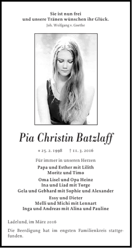  Traueranzeige für Pia Batzlaff vom 22.03.2016 aus Nordfriesland Tageblatt