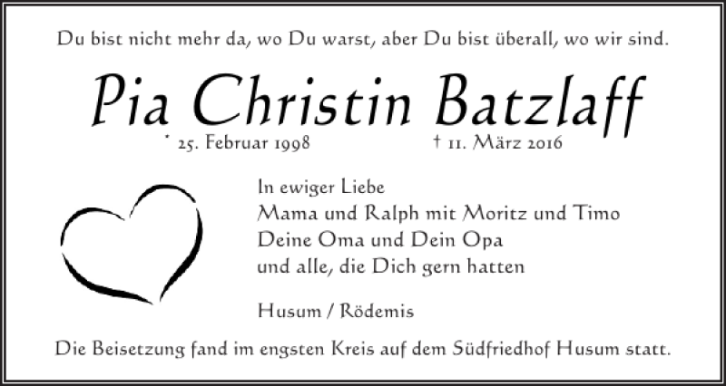  Traueranzeige für Pia Batzlaff vom 22.03.2016 aus Husumer Nachrichten
