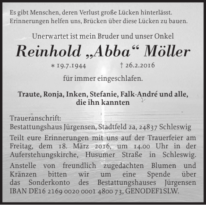  Traueranzeige für Reinhold Abba Möller vom 14.03.2016 aus Schleswiger Nachrichten