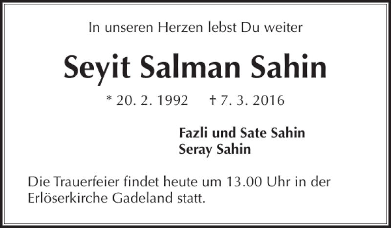  Traueranzeige für Seyit Salman Sahin vom 11.03.2016 aus Holsteinischer Courier