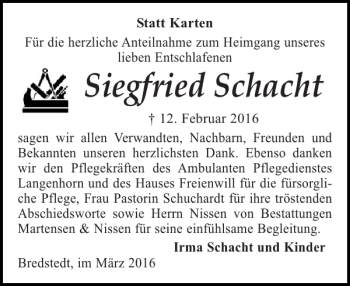 Traueranzeige von Siegfried Schacht von Flensburger Tageblatt