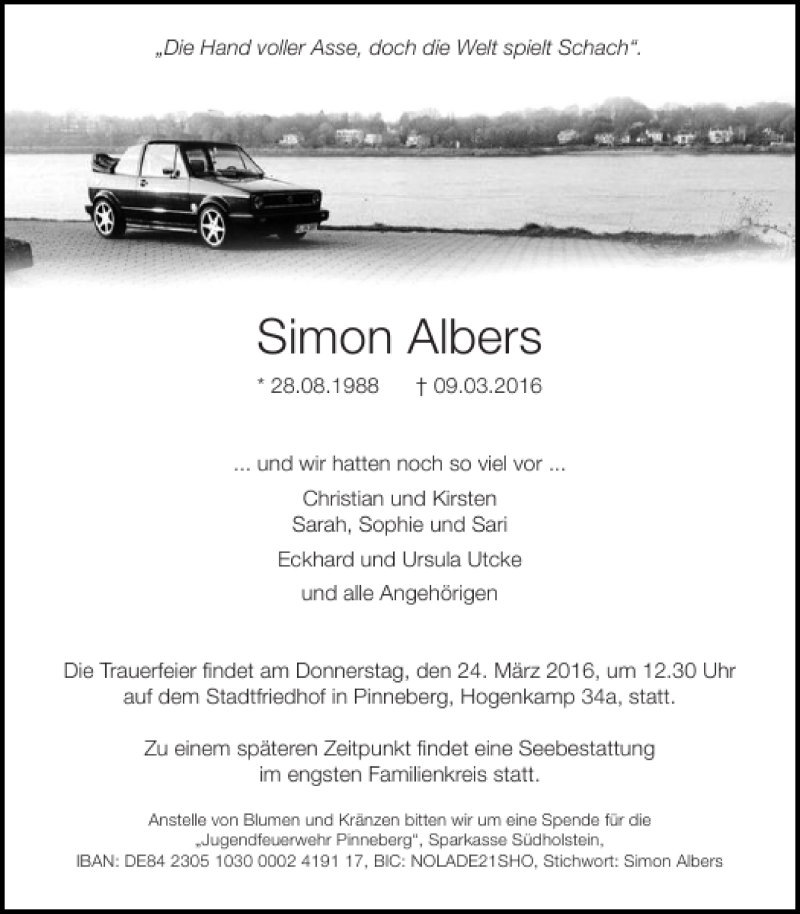  Traueranzeige für Simon Albers vom 19.03.2016 aus Pinneberger Tageblatt