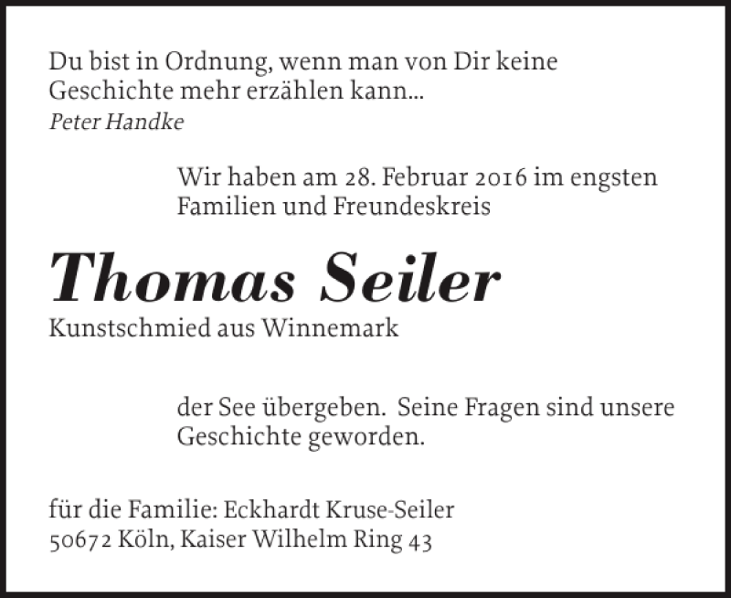  Traueranzeige für Thomas Seiler vom 05.03.2016 aus Schlei-Bote
