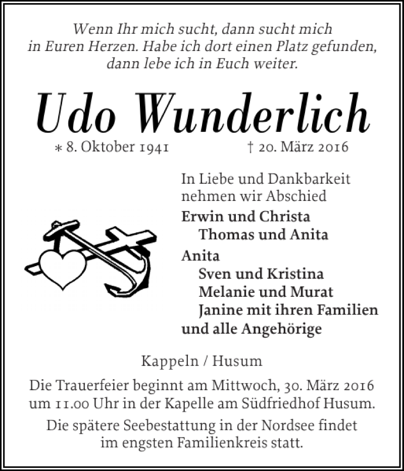 Traueranzeige für Udo Wunderlich vom 26.03.2016 aus Schlei-Bote