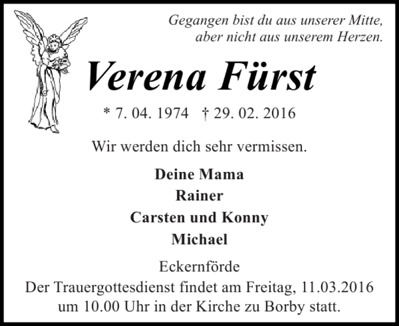  Traueranzeige für Verena Fürst vom 08.03.2016 aus Eckernförder Zeitung