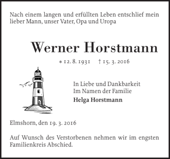 Traueranzeige von Werner Horstmann von Elmshorner Nachrichten
