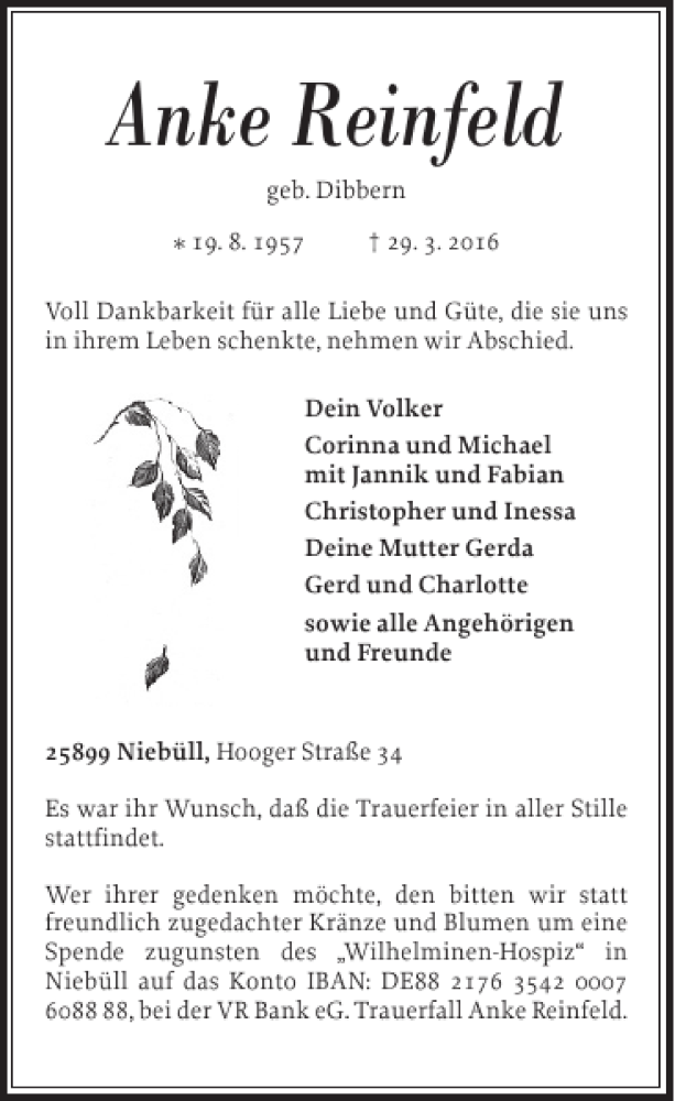  Traueranzeige für Anke Reinfeld vom 01.04.2016 aus Nordfriesland Tageblatt