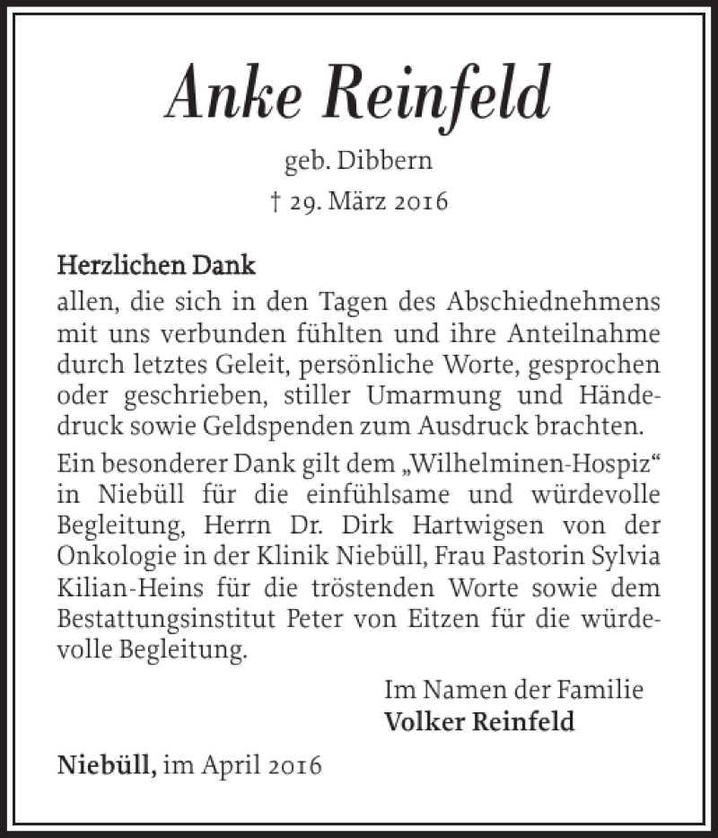  Traueranzeige für Anke Reinfeld vom 30.04.2016 aus Nordfriesland Tageblatt
