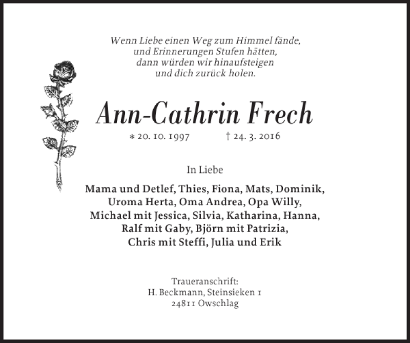  Traueranzeige für Ann-Cathrin Frech vom 02.04.2016 aus Landeszeitung