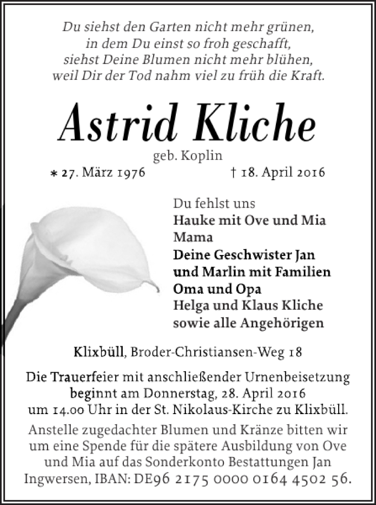  Traueranzeige für Astrid Kliche vom 22.04.2016 aus Nordfriesland Tageblatt