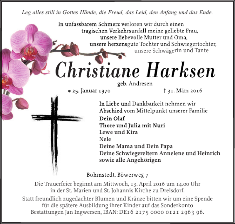  Traueranzeige für Christiane Harksen vom 06.04.2016 aus Husumer Nachrichten