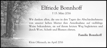 Traueranzeige von Elfriede Bonnhoff von Elmshorner Nachrichten