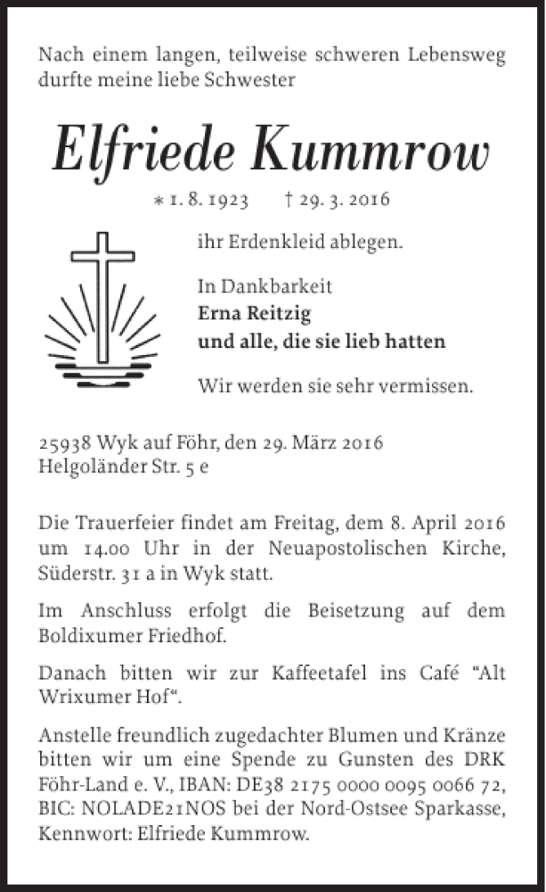  Traueranzeige für Elfriede Kummrow vom 02.04.2016 aus Der Insel-Bote