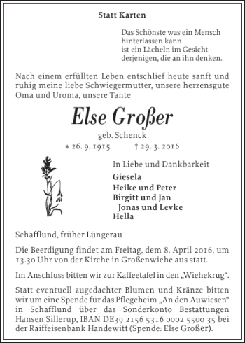 Traueranzeige von Else Großer von Flensburger Tageblatt