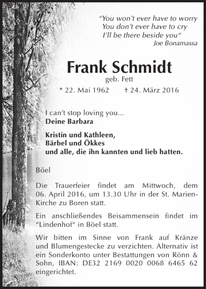  Traueranzeige für Frank Schmidt vom 01.04.2016 aus Schleswiger Nachrichten