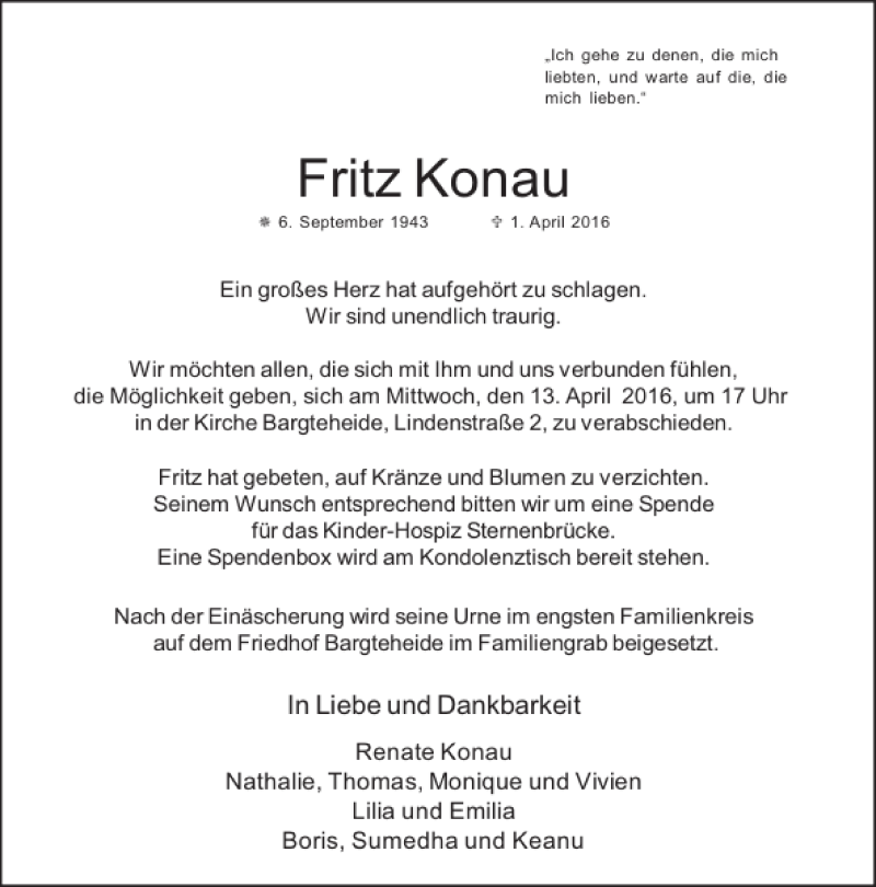  Traueranzeige für Fritz Konau vom 09.04.2016 aus Stormarner Tageblatt