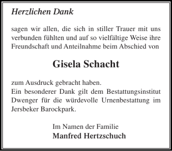 Traueranzeige von Gisela Schacht von Stormarner Tageblatt