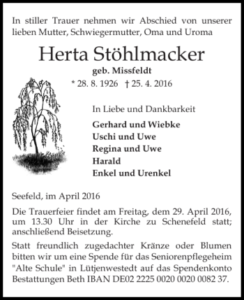 Traueranzeige von Herta Stöhlmacker von Landeszeitung