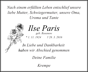 Traueranzeige von Ilse Paris von Norddeutsche Rundschau