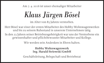 Traueranzeige von Klaus Jürgen Bösel von Landeszeitung
