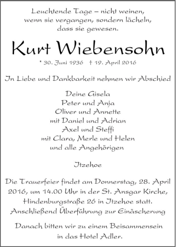  Traueranzeige für Kurt Wiebensohn vom 23.04.2016 aus Norddeutsche Rundschau