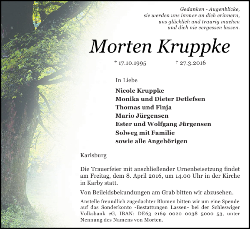  Traueranzeige für Morten Kruppke vom 04.04.2016 aus Schlei-Bote