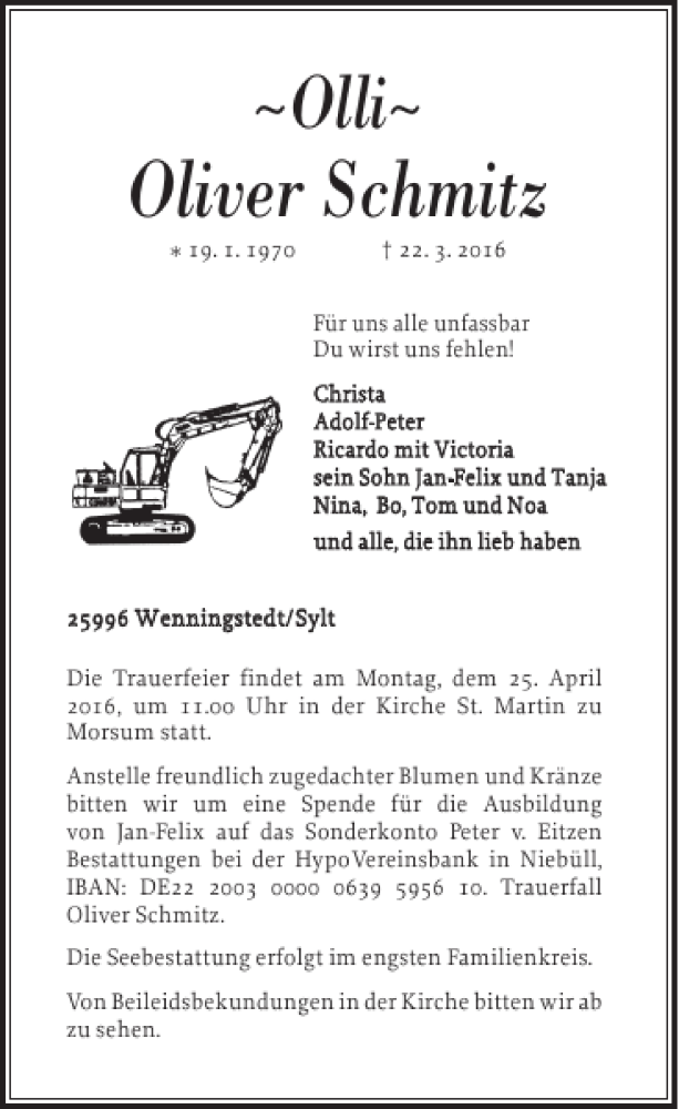  Traueranzeige für Oliver Schmitz vom 09.04.2016 aus Sylter Rundschau