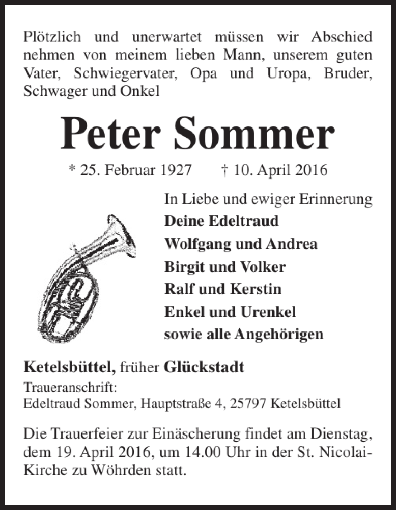 Traueranzeige für Peter Sommer vom 15.04.2016 aus Norddeutsche Rundschau