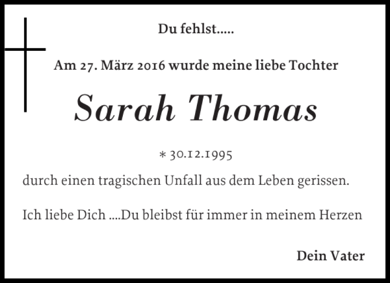  Traueranzeige für Sarah Thomas vom 05.04.2016 aus Schleswiger Nachrichten