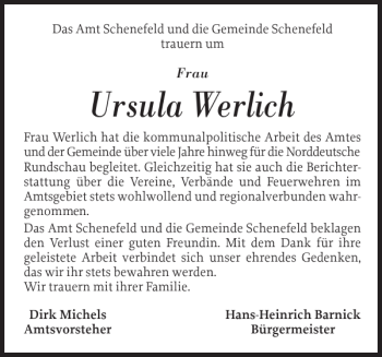 Traueranzeige von Ursula Werlich von Norddeutsche Rundschau