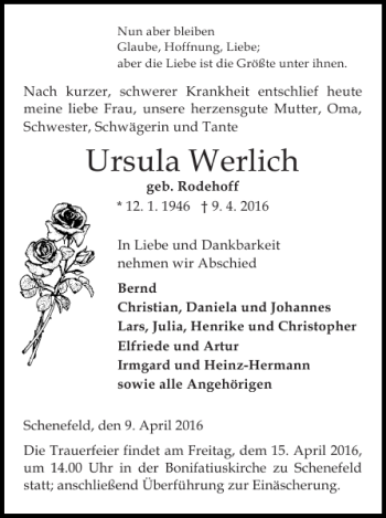 Traueranzeige von Ursula Werlich von Norddeutsche Rundschau