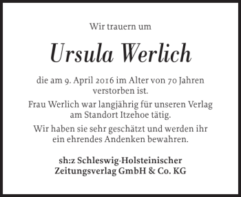 Traueranzeige von Ursula Werlich von Norddeutsche Rundschau
