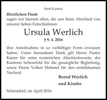 Traueranzeige von Ursula Werlich von Norddeutsche Rundschau