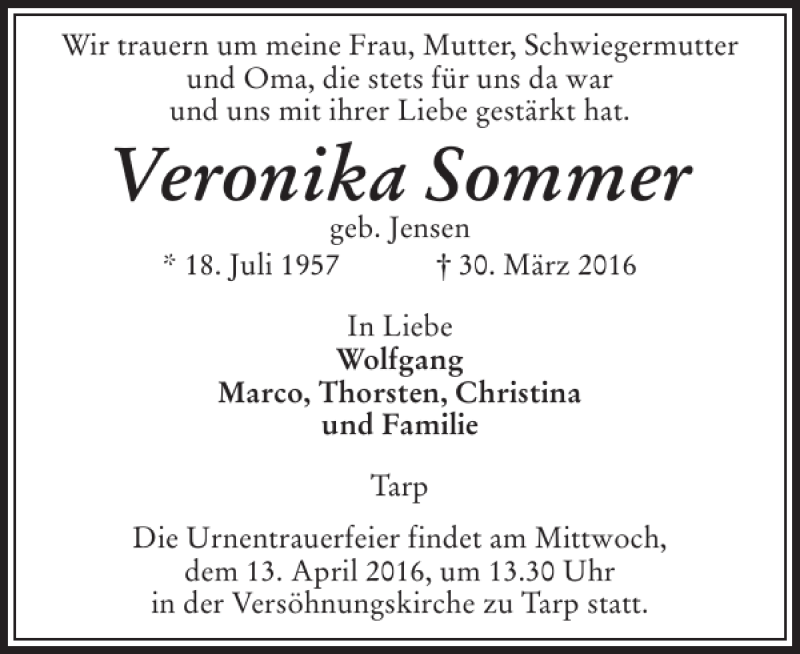  Traueranzeige für Veronika Sommer vom 05.04.2016 aus Flensburger Tageblatt
