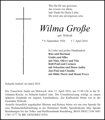 Traueranzeige von Wilma Große von Landeszeitung