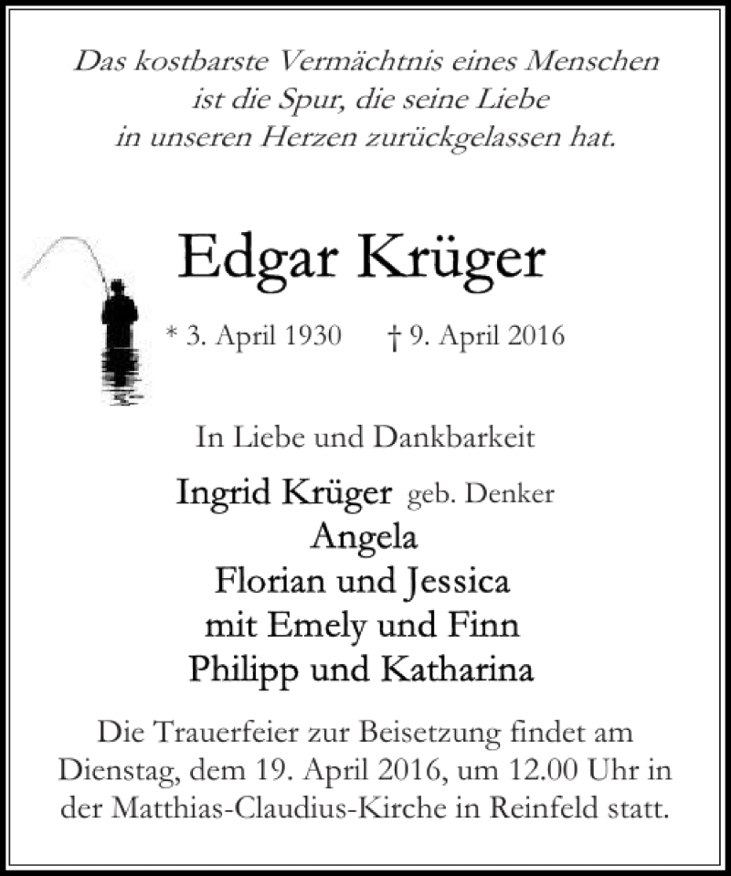  Traueranzeige für und Dienstag April umder Matthias-Claudius-Kirche Reinfeld  vom 16.04.2016 aus Stormarner Tageblatt