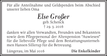 Traueranzeige von Else Großer von Flensburger Tageblatt