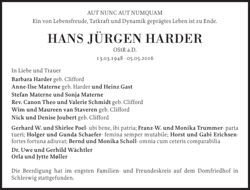  Traueranzeige für HANS JÜRGEN HARDER vom 14.05.2016 aus Schleswiger Nachrichten