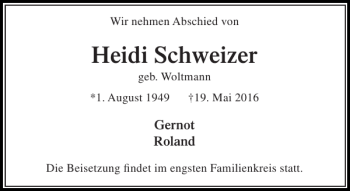 Traueranzeige von Heidi Schweizer von Stormarner Tageblatt