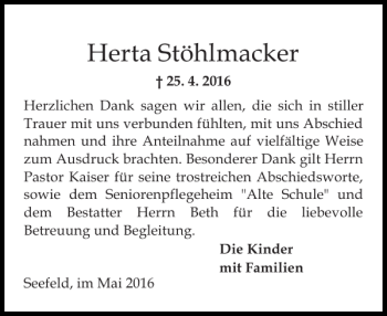 Traueranzeige von Herta Stöhlmacker von Landeszeitung