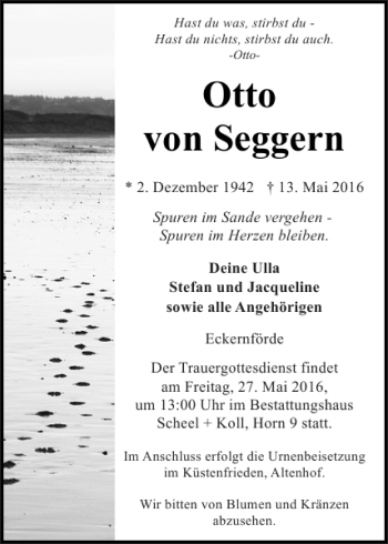 Traueranzeige von Otto von Seggern von Eckernförder Zeitung