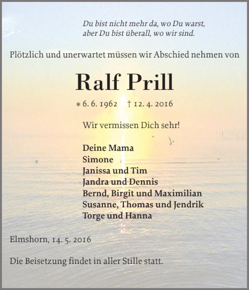  Traueranzeige für Ralf Prill vom 14.05.2016 aus Elmshorner Nachrichten