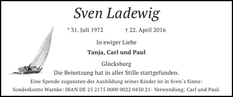  Traueranzeige für Sven Ladewig vom 09.05.2016 aus Flensburger Tageblatt