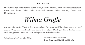 Traueranzeige von Wilma Große von Landeszeitung