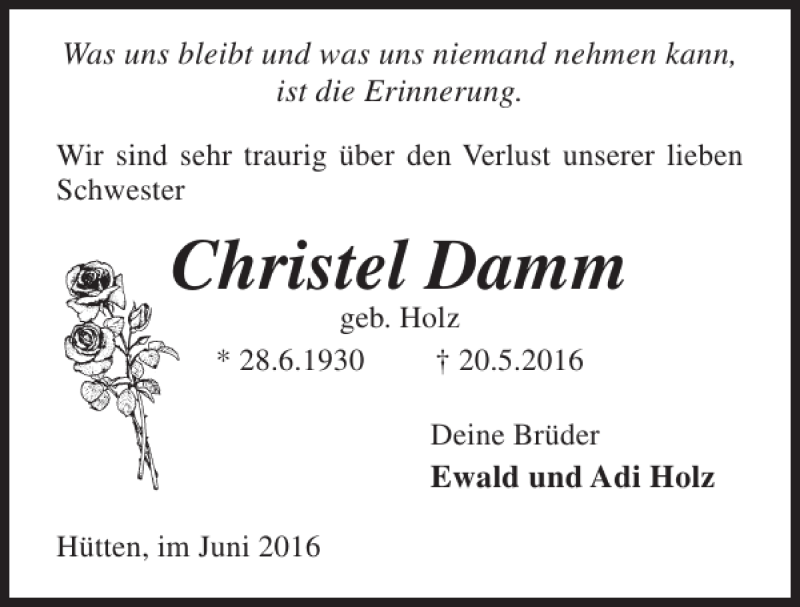  Traueranzeige für Christel Damm vom 08.06.2016 aus Eckernförder Zeitung