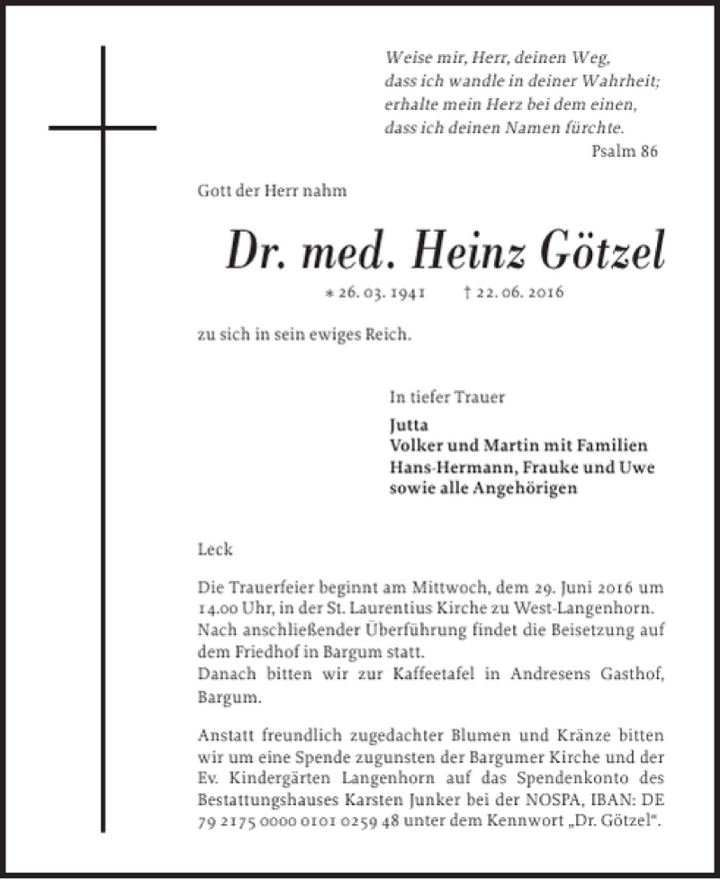  Traueranzeige für Dr. med. Heinz Götzel vom 25.06.2016 aus Husumer Nachrichten